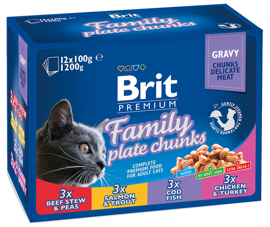 Brit Premium Pouches, bitar i sås, Family Plate 12-pack