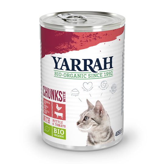 20 + 4 på köpet! 24 x 400 / 405 g Yarrah Bio kattmat - Chunks eko-kyckling & eko-nöt i sås (24 x 405 g)