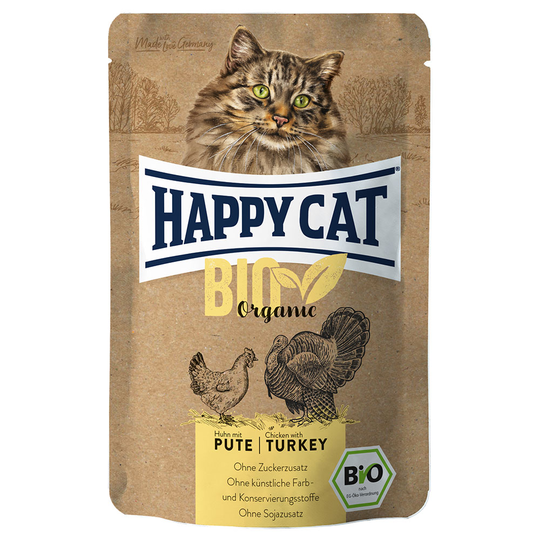 Ekonomipack: Happy Cat Bio Pouch 12 x 85 g - Eko-kyckling & eko-kalkon