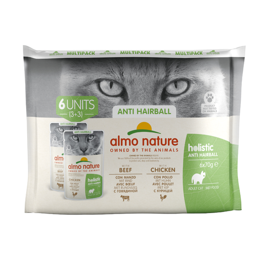 Almo Nature Holistic Anti Hairball portionspåse - Blandpack: 6 x med kyckling och 6 x med nötkött