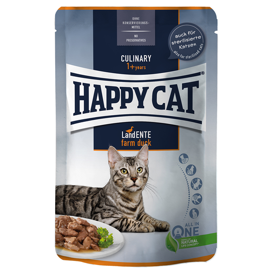Ekonomipack: Happy Cat Pouch Meat in Sauce 24 x 85 g - Farm Duck - anka