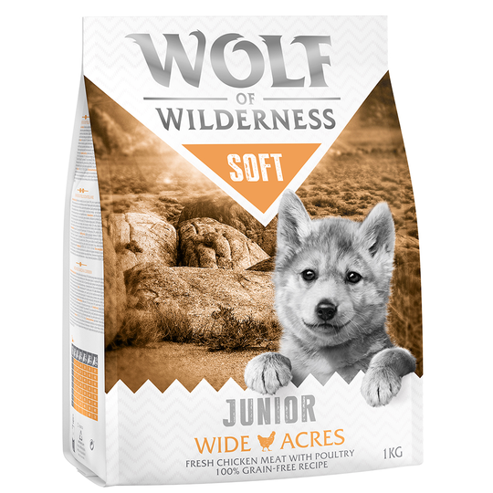 2 + 1 på köpet! 3 x 1 kg Wolf of Wilderness Classic/Soft - Junior Soft Wide Acres - Chicken
