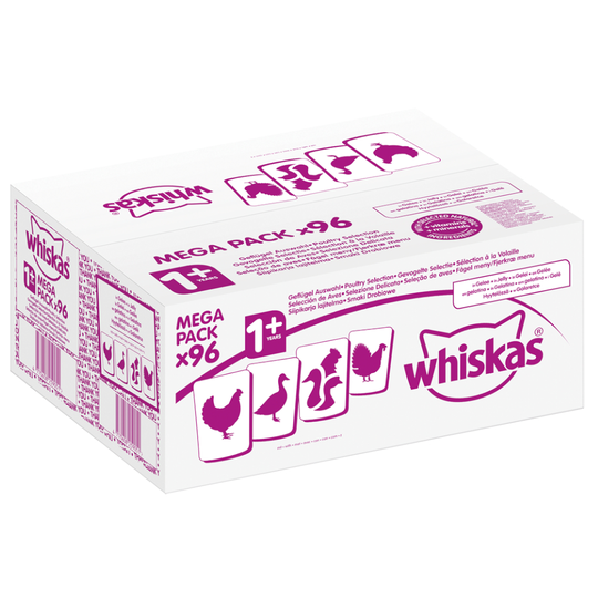 76 + 20 på köpet! 96 x 85 / 100 g Whiskas portionspåsar - Adult 1+ Fågelurval i gelé