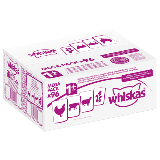76 + 20 på köpet! 96 x 85 / 100 g Whiskas portionspåsar - Adult 1+ Klassiskt urval i sås