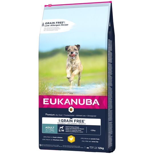 5x zooPoäng på 3 kg / 12 kg Eukanuba Grain Free Small/Medium - Adult Small / Medium Breed Chicken (12 kg)