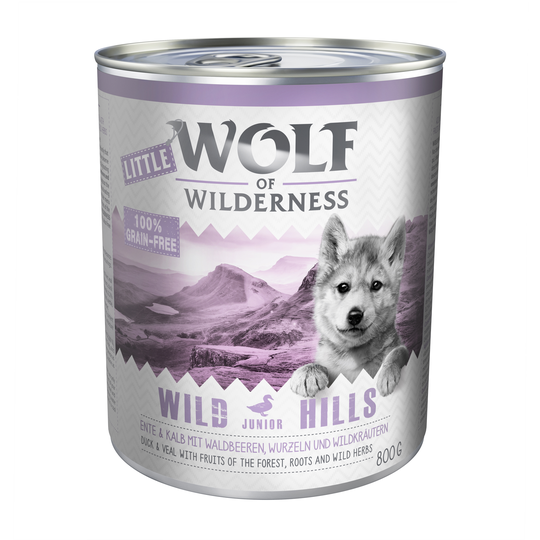 Ekonomipack: Little Wolf of Wilderness 12 x 800 g - Wild Hills Junior - Duck & Veal