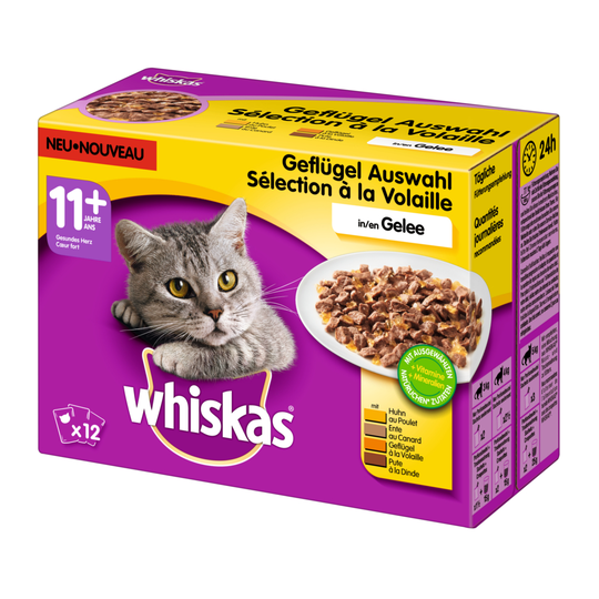 76 + 20 på köpet! 96 x 85 g / 100 g Whiskas portionspåsar - 11+ Fjäderfäurval i gelé (96 x 100 g)
