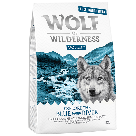 2 + 1 på köpet! 3 x 1 kg Wolf of Wilderness - Adult Explore The Blue River Mobility - Free Range Chicken