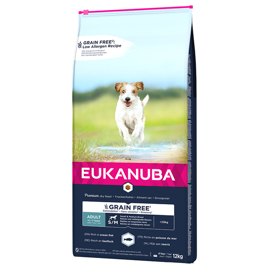 5x zooPoäng på 3 kg / 12 kg Eukanuba Grain Free Small/Medium - Adult Small / Medium Breed Salmon (12 kg)