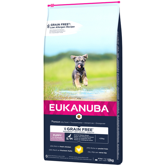 5x zooPoäng på 3 kg / 12 kg Eukanuba Grain Free Small/Medium - Puppy Small / Medium Breed Chicken (12 kg)