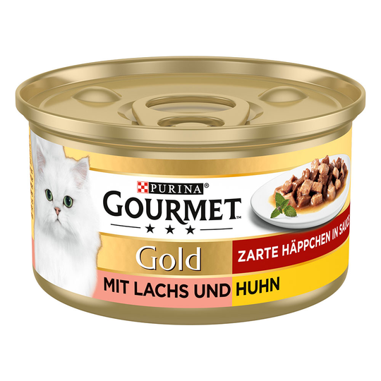 24 + 12 på köpet! 36 x 85 g Gourmet Gold - Möra bitar i sås - Lax & kyckling