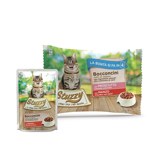 Blandpack: Stuzzy Cat i portionspåse 4 x 100 g - Mix 2 sorter: Skinka + Nötkött