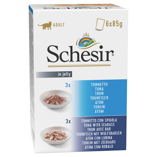 Ekonomipack: Schesir Jelly Pouch 24 x 85 g Mix Tonfisk + Tonfisk med havsabborre