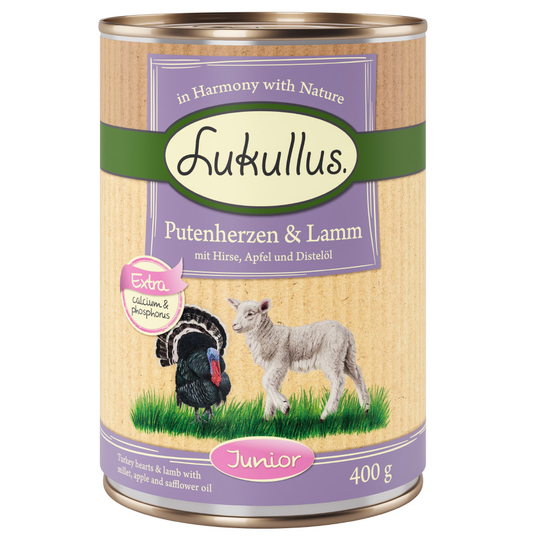 Puppy KONG - Passande fyllning: 6 x 400 g Lukullus Junior Kalkonhjärta & lamm