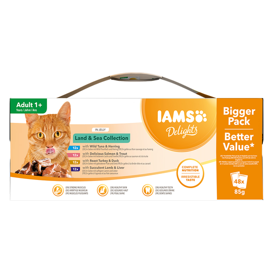 Ekonomipack: IAMS Delights i sås eller gelé 48 x 85 g - Land & Sea Mix i gelé