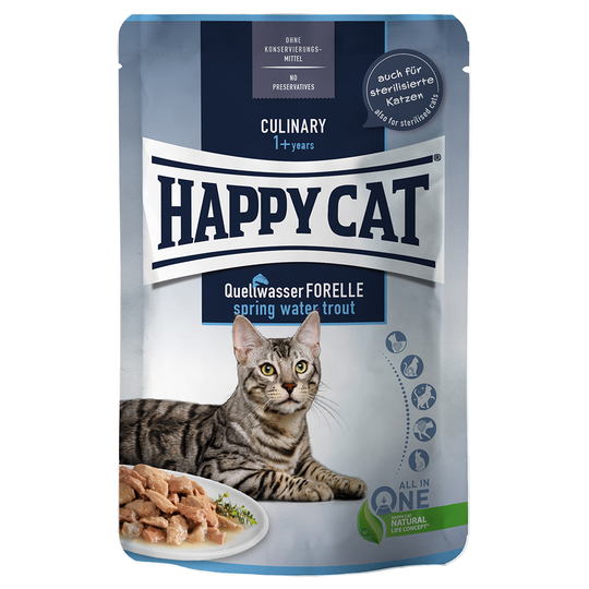Ekonomipack: Happy Cat Pouch Meat in Sauce 48 x 85 g - Spring Water Trout - öring