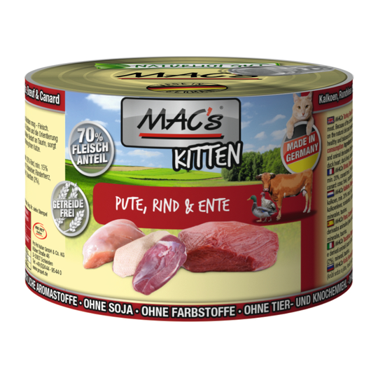 Ekonomipack: MAC's Cat kattfoder 12 x 200 g - Kitten Kalkon, anka & nötkött