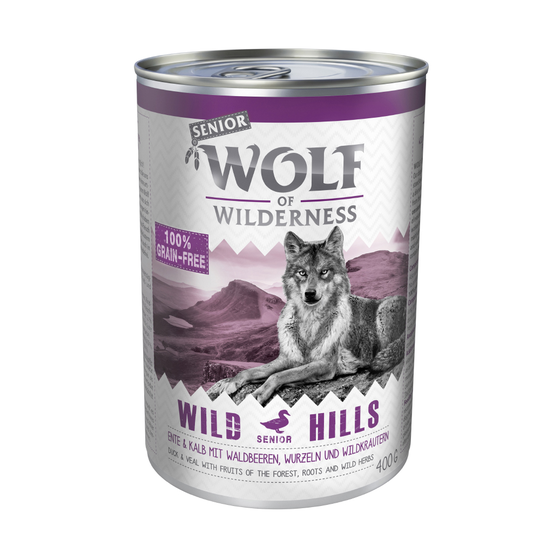 Ekonomipack: Wolf of Wilderness Senior 24 x 400 g - Wild Hills - Duck & Veal