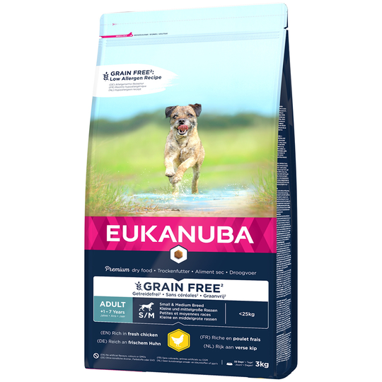 5x zooPoäng på 3 kg / 12 kg Eukanuba Grain Free Small/Medium - Adult Small / Medium Breed Chicken (3 kg)