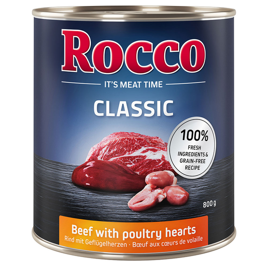 Ekonomipack: Rocco Classic 24 x 800 g hundfoder - Nötkött & fågelhjärta