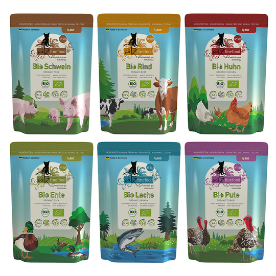 Provpack: 6 x 85 g catz finefood Bio portionspåse - Blandpack I (6 sorter)