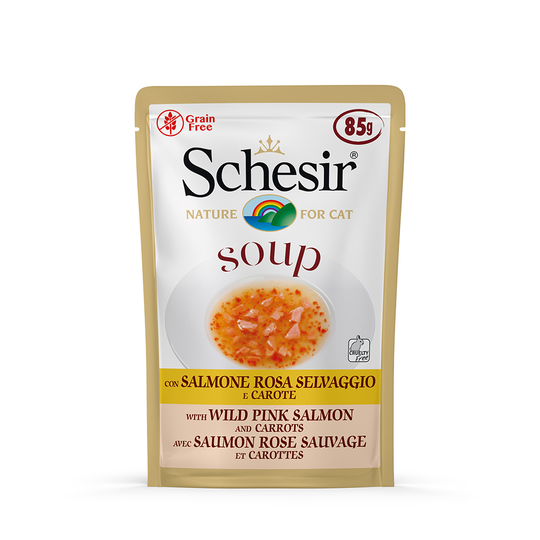 Schesir Cat Soup 6 x 85 g - Vild rosa lax & morötter